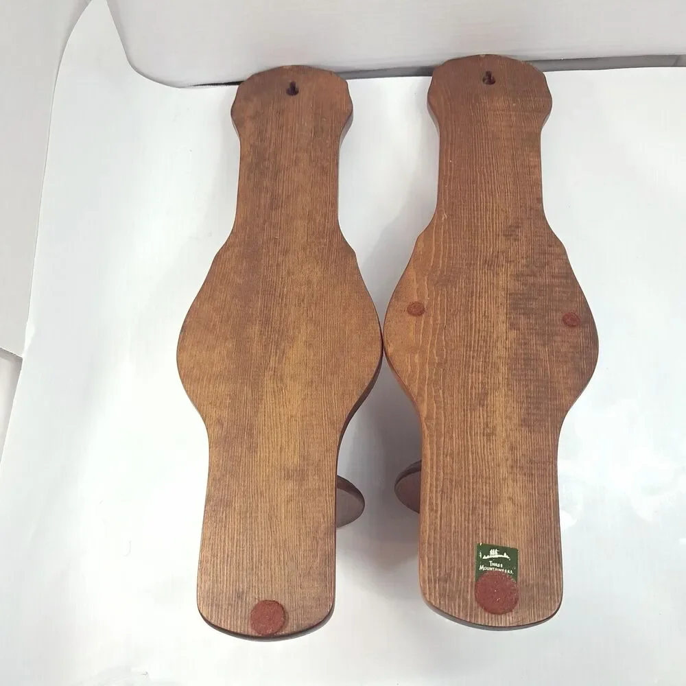 Vintage Three Mountaineers wood wall Sconces set Candle Holders glass hurricane